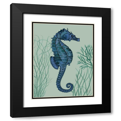 Blue Seahorses on Light Green Sage a Black Modern Wood Framed Art Print with Double Matting by Fab Funky
