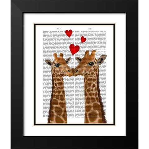 Giraffe Love Black Modern Wood Framed Art Print with Double Matting by Fab Funky