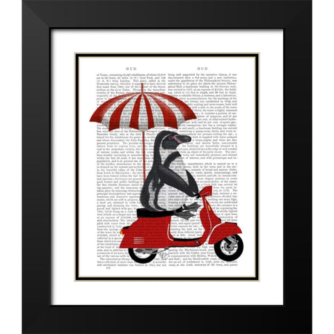 Penguin On Red Moped Black Modern Wood Framed Art Print with Double Matting by Fab Funky