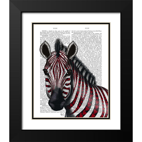 Zebra, Red Love Hearts Black Modern Wood Framed Art Print with Double Matting by Fab Funky