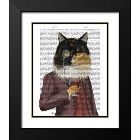 Tortoiseshell Cat and Brandy Glass Black Modern Wood Framed Art Print with Double Matting by Fab Funky