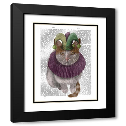 Cat, White with Jester Hat Black Modern Wood Framed Art Print with Double Matting by Fab Funky