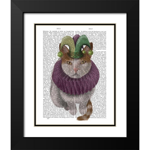 Cat, White with Jester Hat Black Modern Wood Framed Art Print with Double Matting by Fab Funky