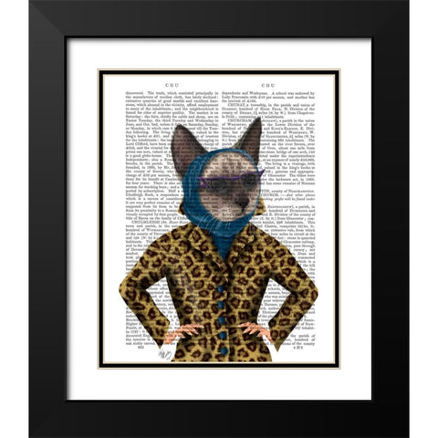 Cat with Leopard Jacket Black Modern Wood Framed Art Print with Double Matting by Fab Funky