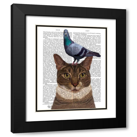 Cat with Pigeon on Head Black Modern Wood Framed Art Print with Double Matting by Fab Funky