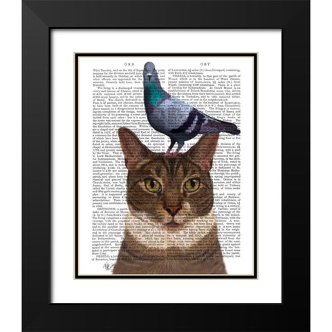 Cat with Pigeon on Head Black Modern Wood Framed Art Print with Double Matting by Fab Funky