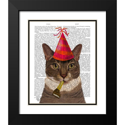 Tortoiseshell Cat, Party Hat Black Modern Wood Framed Art Print with Double Matting by Fab Funky