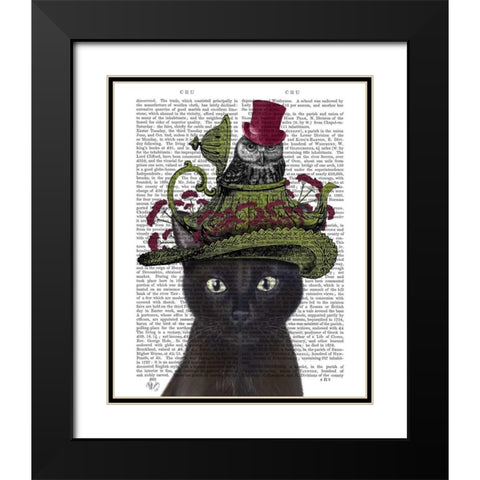 Black Cat with Teapot and Owl Black Modern Wood Framed Art Print with Double Matting by Fab Funky
