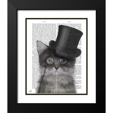 Cat, Grey with Top Hat Black Modern Wood Framed Art Print with Double Matting by Fab Funky