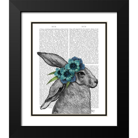 Rabbit, Blue Flower Headdress Black Modern Wood Framed Art Print with Double Matting by Fab Funky