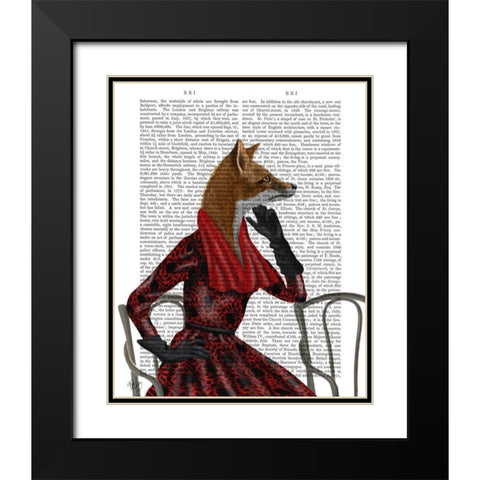 Fox with Red Scarf Black Modern Wood Framed Art Print with Double Matting by Fab Funky