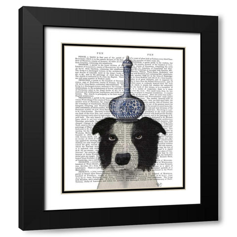 Border Collie with Blue Vase Black Modern Wood Framed Art Print with Double Matting by Fab Funky