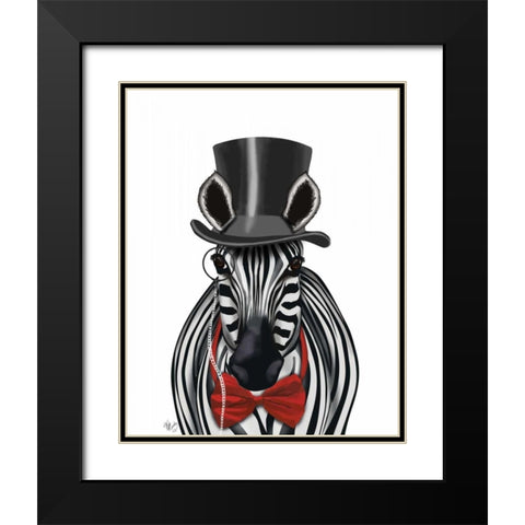 Zebra with Top Hat and Bow Tie 2, Forwards Black Modern Wood Framed Art Print with Double Matting by Fab Funky
