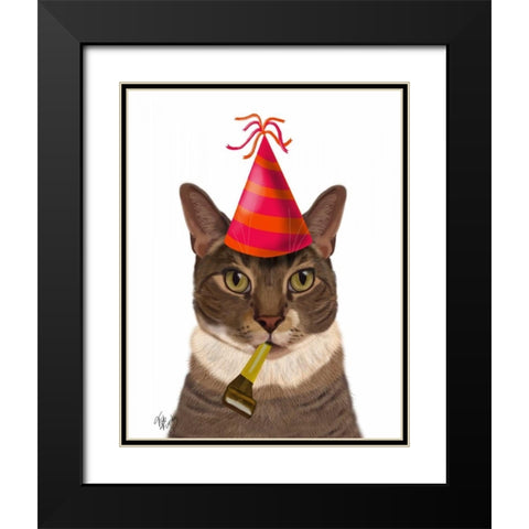 Tortoiseshell Cat, Party Hat Black Modern Wood Framed Art Print with Double Matting by Fab Funky