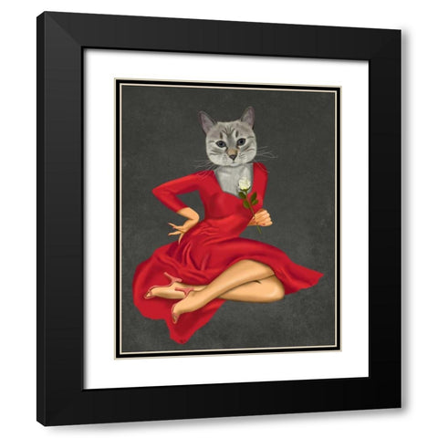 Grey Cat with White Rose Black Modern Wood Framed Art Print with Double Matting by Fab Funky