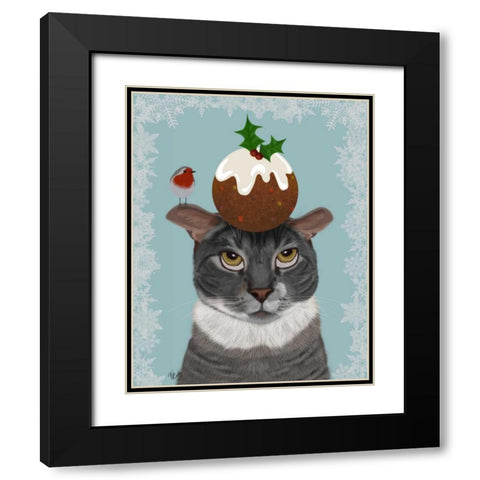 Grey Cat and Christmas Pudding Black Modern Wood Framed Art Print with Double Matting by Fab Funky