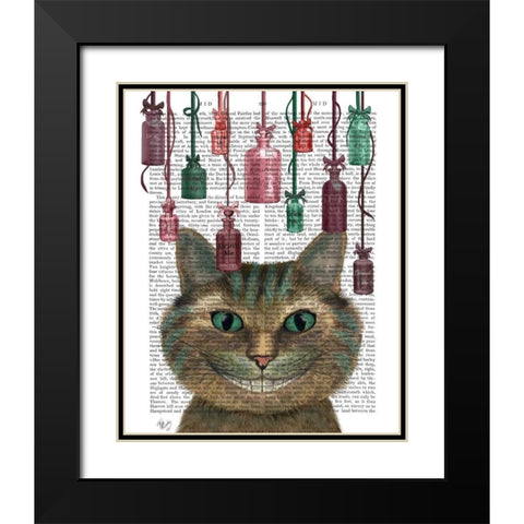 Cheshire Cat and Bottles Black Modern Wood Framed Art Print with Double Matting by Fab Funky