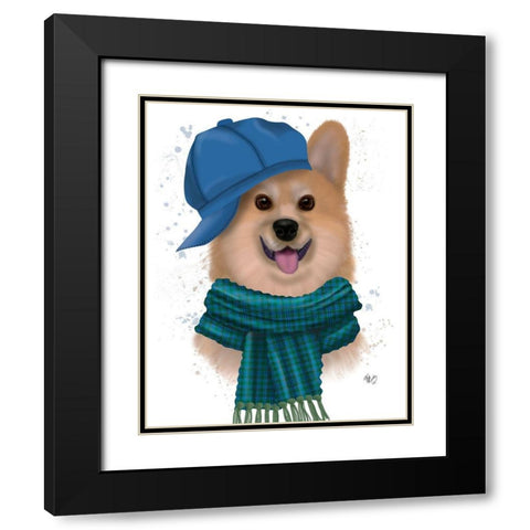 Corgi Baseball Hat and Scarf Black Modern Wood Framed Art Print with Double Matting by Fab Funky