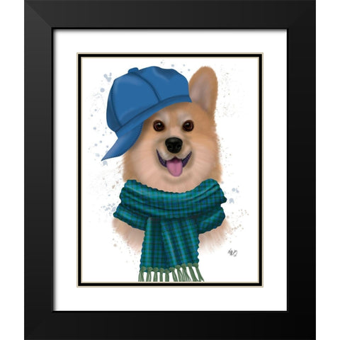 Corgi Baseball Hat and Scarf Black Modern Wood Framed Art Print with Double Matting by Fab Funky