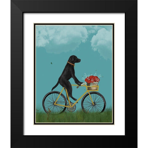 Black Labrador on Bicycle - Sky Black Modern Wood Framed Art Print with Double Matting by Fab Funky