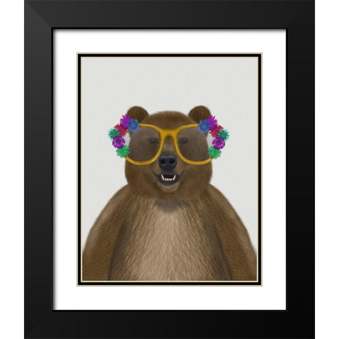 Bear and Flower Glasses Black Modern Wood Framed Art Print with Double Matting by Fab Funky