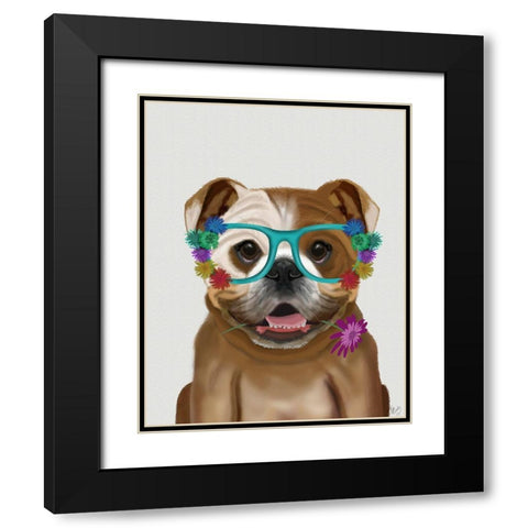 English Bulldog and Flower Glasses Black Modern Wood Framed Art Print with Double Matting by Fab Funky