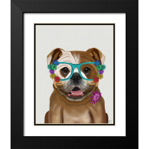 English Bulldog and Flower Glasses Black Modern Wood Framed Art Print with Double Matting by Fab Funky