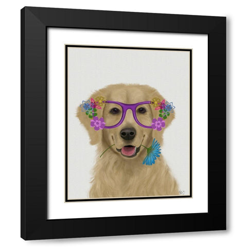 Golden Retriever and Flower Glasses Black Modern Wood Framed Art Print with Double Matting by Fab Funky