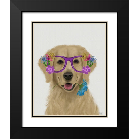 Golden Retriever and Flower Glasses Black Modern Wood Framed Art Print with Double Matting by Fab Funky