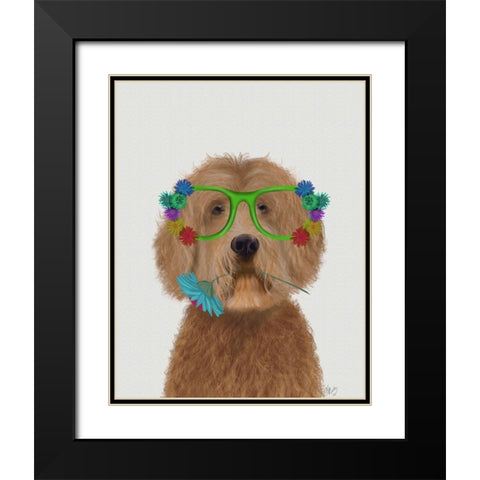 Labradoodle Golden and Flower Glasses Black Modern Wood Framed Art Print with Double Matting by Fab Funky