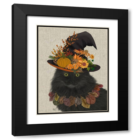 Black Cat with Autumn Hat, Portrait Black Modern Wood Framed Art Print with Double Matting by Fab Funky
