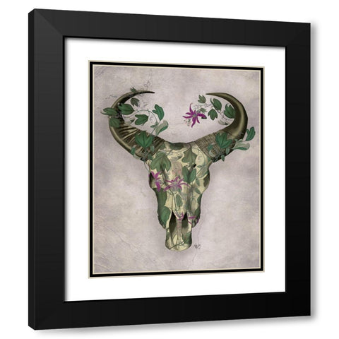 Cow Skull and Passion Flowers Black Modern Wood Framed Art Print with Double Matting by Fab Funky