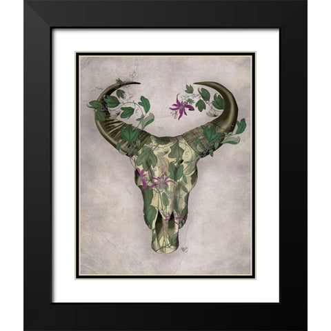 Cow Skull and Passion Flowers Black Modern Wood Framed Art Print with Double Matting by Fab Funky