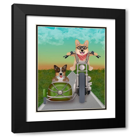 Corgi Chopper and Sidecar Black Modern Wood Framed Art Print with Double Matting by Fab Funky
