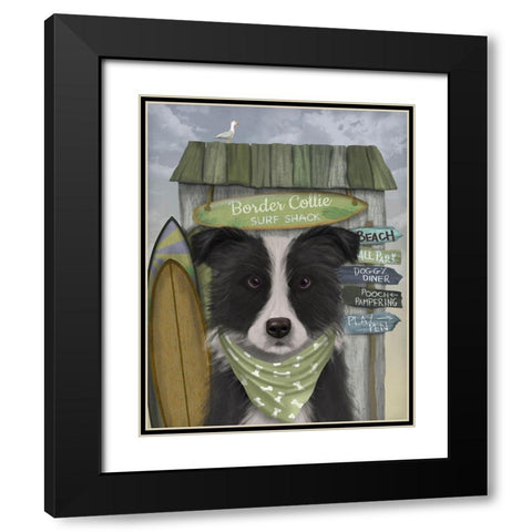 Border Collie, Black and White, Surf Shack Black Modern Wood Framed Art Print with Double Matting by Fab Funky