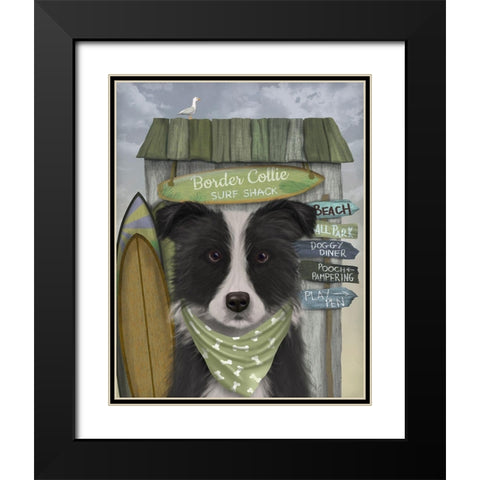 Border Collie, Black and White, Surf Shack Black Modern Wood Framed Art Print with Double Matting by Fab Funky