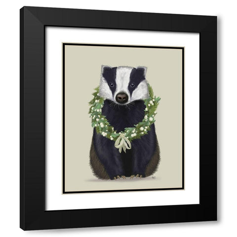Christmas Badger and Sage Wreath Black Modern Wood Framed Art Print with Double Matting by Fab Funky
