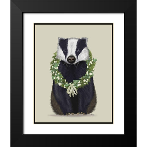 Christmas Badger and Sage Wreath Black Modern Wood Framed Art Print with Double Matting by Fab Funky