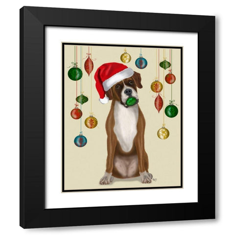 Christmas Boxer and Bauble Ball Black Modern Wood Framed Art Print with Double Matting by Fab Funky