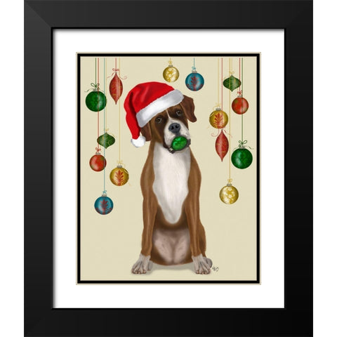 Christmas Boxer and Bauble Ball Black Modern Wood Framed Art Print with Double Matting by Fab Funky
