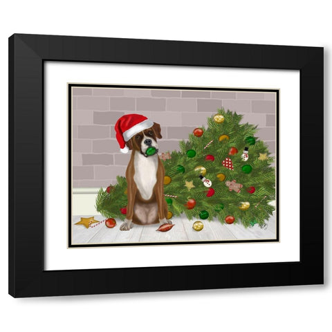 Christmas Boxer and Broken Christmas Tree Black Modern Wood Framed Art Print with Double Matting by Fab Funky