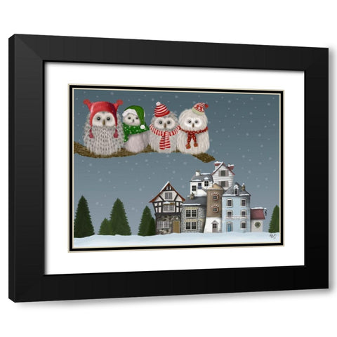 Christmas Christmas Owl Village Black Modern Wood Framed Art Print with Double Matting by Fab Funky