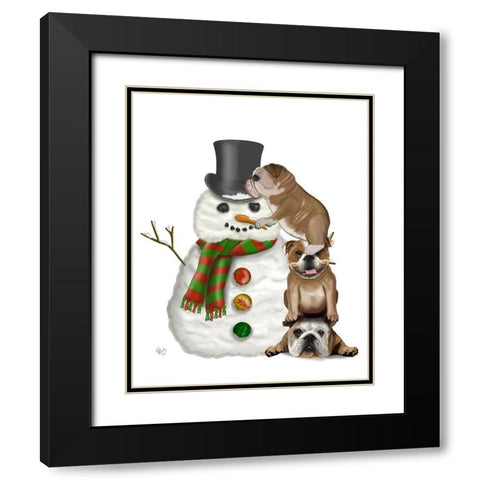 Christmas English Bulldogs Building Snowman Black Modern Wood Framed Art Print with Double Matting by Fab Funky