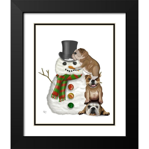 Christmas English Bulldogs Building Snowman Black Modern Wood Framed Art Print with Double Matting by Fab Funky