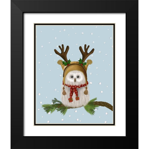 Christmas Fluffy Owl and Antlers Black Modern Wood Framed Art Print with Double Matting by Fab Funky