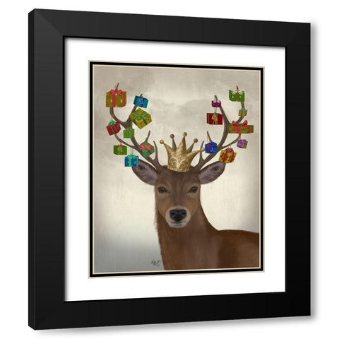Christmas Gift Bearing Deer Black Modern Wood Framed Art Print with Double Matting by Fab Funky