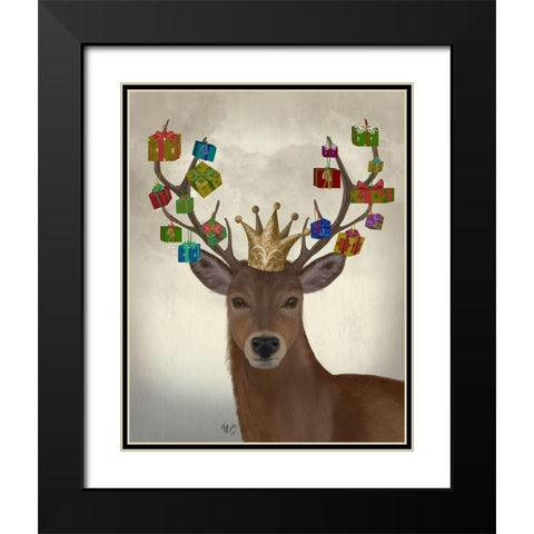 Christmas Gift Bearing Deer Black Modern Wood Framed Art Print with Double Matting by Fab Funky