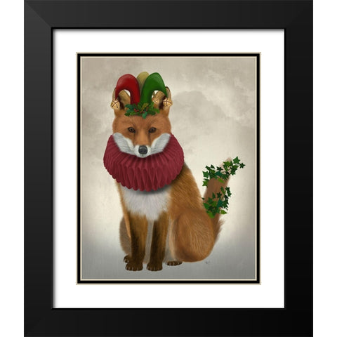 Christmas Holly and Ivy Fox Black Modern Wood Framed Art Print with Double Matting by Fab Funky