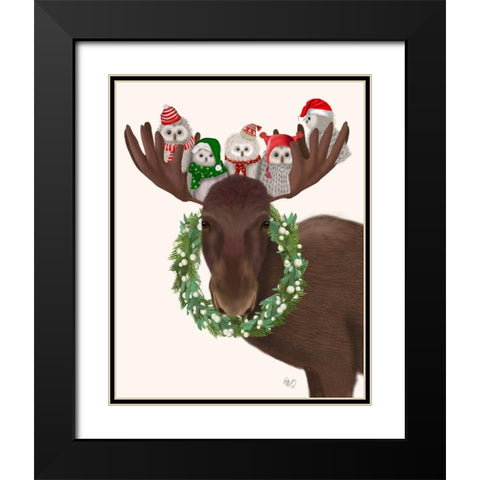 Christmas Moose and Christmas Owls Black Modern Wood Framed Art Print with Double Matting by Fab Funky
