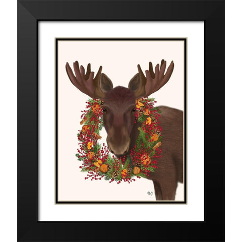 Christmas Moose and Cranberry Wreath Black Modern Wood Framed Art Print with Double Matting by Fab Funky